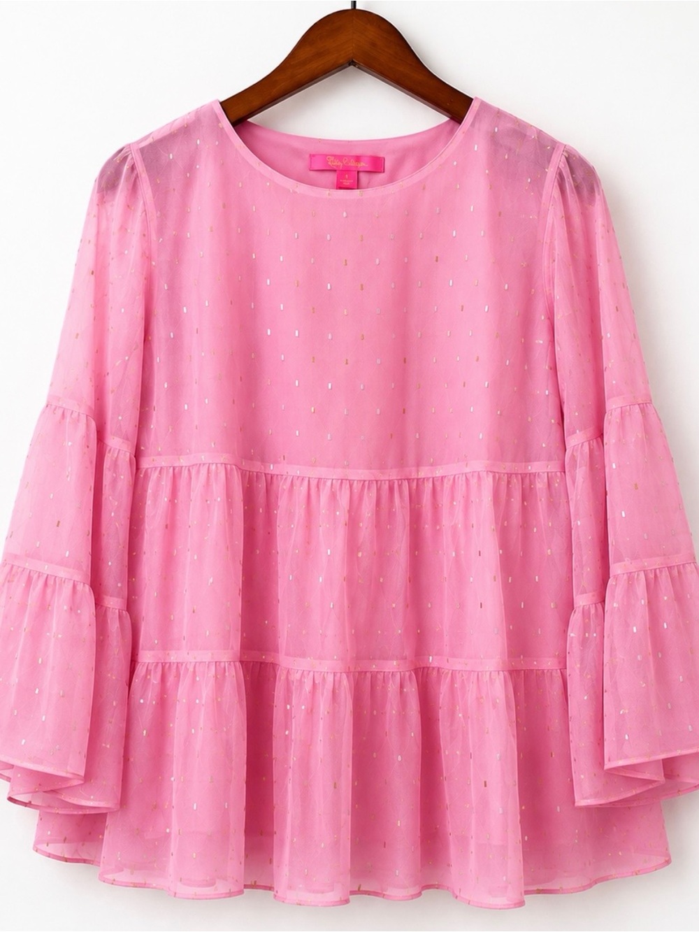 Lilly Pulitzer Pink Metallic Clip Dot Tiered Ruffle Blouse Size Small Lined